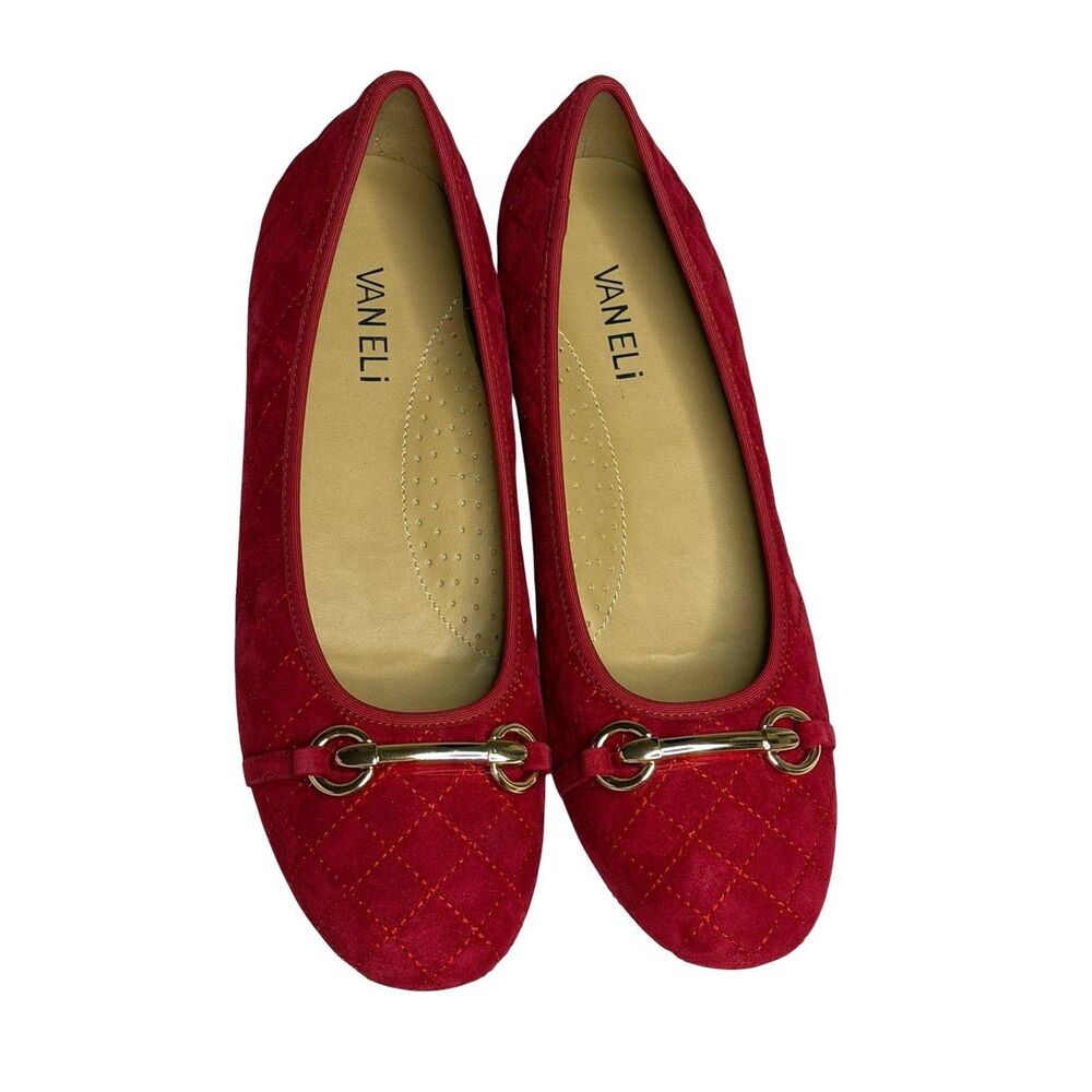 Vaneli Stacy Quilted Suede Flats Shoes Gold Buckle Women Red 8.5